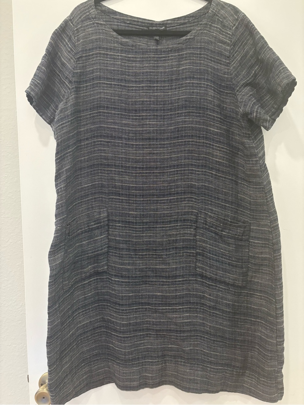 Eileen Fischer 100% Organic Linen short sleeve textured shift midi Pocket Dress